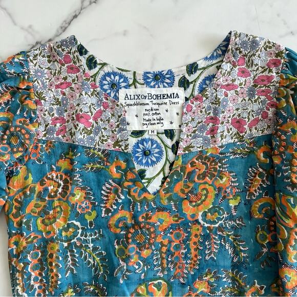 Alix of Bohemia Squash blossom Dress Size M Turqoise patchwork whimsical floral - Picture 6 of 13